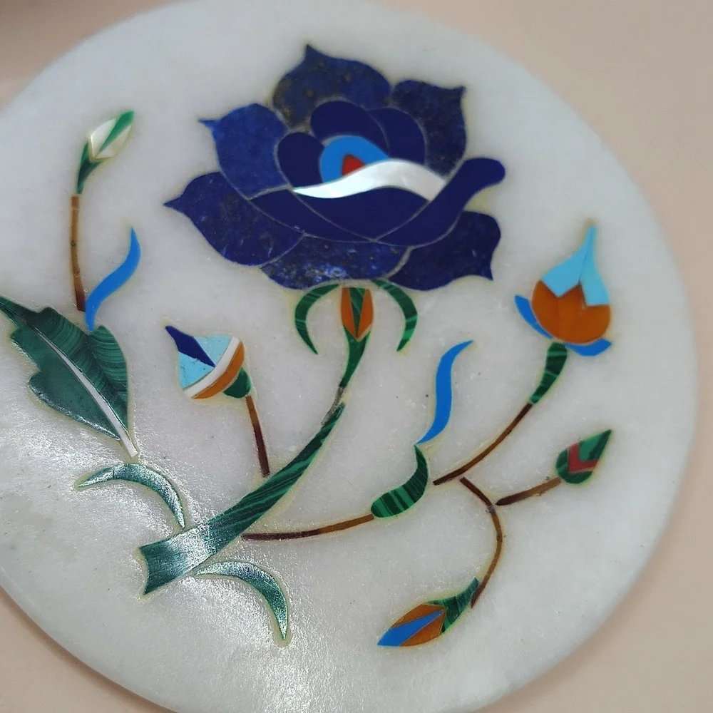 White Marble Coaster Set with Blue Floral Inlay. 3 Pieces.